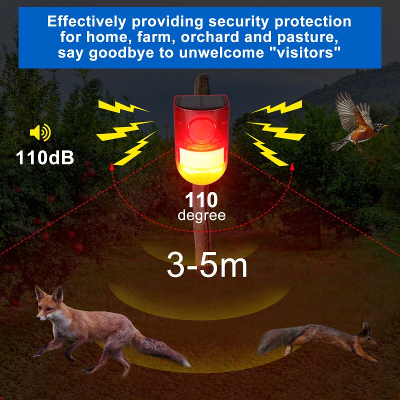 Aolyty Solar Motion Sensor Detector Siren Sound Alarm LED Warning Strobe Flashing Red Light Security Outdoor Waterproof Device Keep Animal Away for Home Warehouse Farm (Red Lampshade) - Image 3
